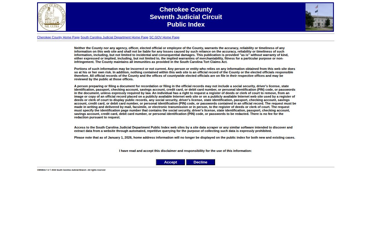 Cherokee County court disposition record search interface